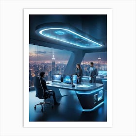 A Futuristic Tech Support Management Office Utilizing Ai And Cloud Solutions Holographic Projection Art Print