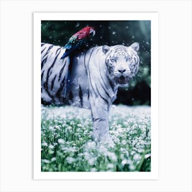 White Tiger And Parrow Under Dandelions Art Print