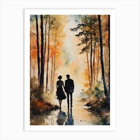 Romantic Couple Walking In The Woods- Autumn Forest Girlfriend Boyfriend Husband Wide Strolling Through Beautiful Botanical Trees as the Sunsets - Dreamy Wall Decor Just Newly Married or Dating Love Is In The Air Gallery Watercolor Painting Scenery Hearts As One Art Print