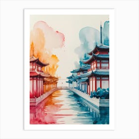 Watercolor Of Chinese Buildings Art Print