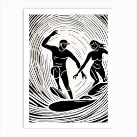 A Couple Surfing Linocut inspired Black And White Painting , surfing art, surf 196 Art Print