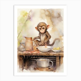 Monkey Painting Cooking Watercolour 4 Art Print