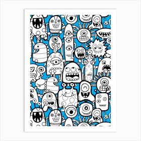 Cute Clusters of Monsters and Aliens Blue, Black and White Kids Art Print