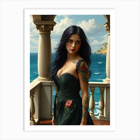 Dark Hair Beauty on a Veranda Art Print