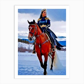 Princess In Blue Dress Riding On The Snowfield Art Print