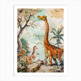 Vintage Dinosaur Tea Party Storybook Painting Art Print