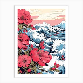 Great Wave With Petunia Flower Drawing In The Style Of Ukiyo E 4 Art Print