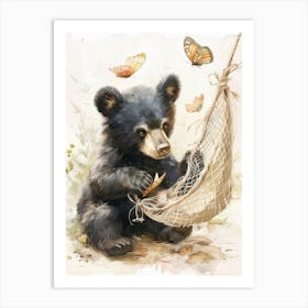 American Black Bear Cub Playing With A Butterfly Storybook Illustration 4 Art Print