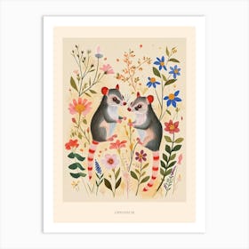 Folksy Floral Animal Drawing Oppossum Poster Art Print