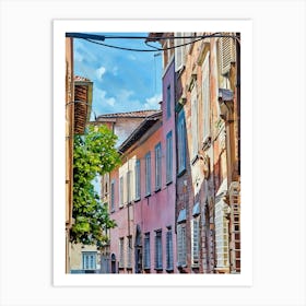 Lucca Sunlit Alley: A Stroll Through History. This image portrays a vibrant alleyway illuminated by soft sunlight, with tall, narrow buildings on either side. The perspective draws attention to the intricate facades, windows, and details that define this charming urban street, bustling with people and energy under a serene sky. Art Print