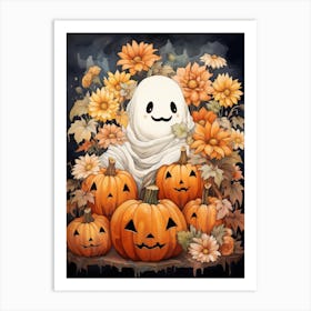 Cute Bedsheet Ghost, Botanical Halloween Watercolour 18 Art Print