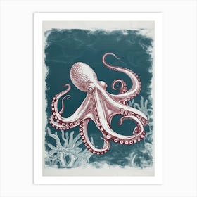 Linocut Inspired Navy Red Octopus With Coral 5 Art Print