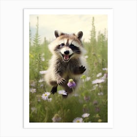 Cute Funny Tanezumi Raccoon Running On A Field Wild 4 Art Print