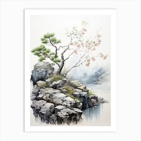 Yufuin In Oita,  Japanese Brush Painting, Sumi E, Minimal  3  Art Print