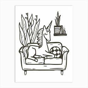 A Unicorn Black & White Doodle Relaxing On The Sofa 2 Art Print