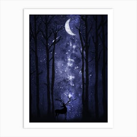 Deer In The Forest - Starry Night and Moon #1 Art Print