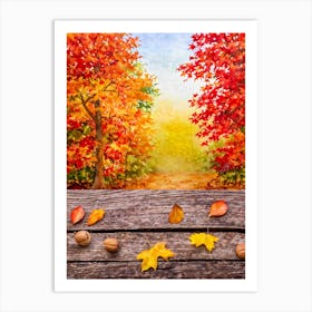 Autumnal Tableau In Vibrant Watercolor Leaves In Shades Of Crimson Orange And Gold Aflutter Amids (4) Art Print