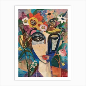 Woman With Flowers On Her Head Art Print