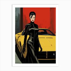 Asian Villain Lady In Black And A Yellow Ferrari Art Print