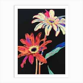 Neon Flowers On Black Gerbera Daisy 3 Art Print