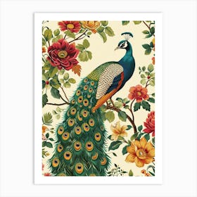 Vintage Peacock Wallpaper With Vibrant Flowers  1 Art Print