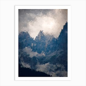 Majestic Mountains Between Clouds And Gray Sky Oil Painting Landscape Art Print