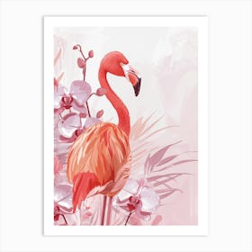 Jamess Flamingo And Orchids Minimalist Illustration 2 Art Print