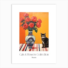 Cats & Flowers Collection Rose Flower Vase And A Cat, A Painting In The Style Of Matisse 9 Art Print