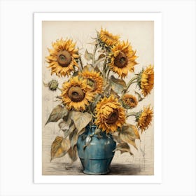 Sunflowers In A Blue Vase Art Print