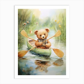 Canoeing Teddy Bear Painting Watercolour 1 Art Print