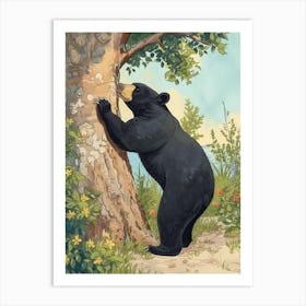 American Black Bear Scratching Its Back Against A Tree Storybook Illustration 2 Art Print