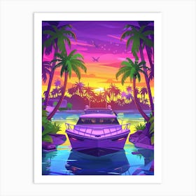 Tropical Boat At Sunset Art Print