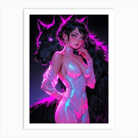 Cosplay wolf girl, black wolf, neon ghost wolf. Sexy animal girl in colorful manga style. An erotic fantasy female, blending cute and wild vibes. Art Print