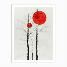 Three Trees With Red Sun Art Print