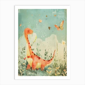 Dinosaur Playing With Butterflies Storybook Style Art Print