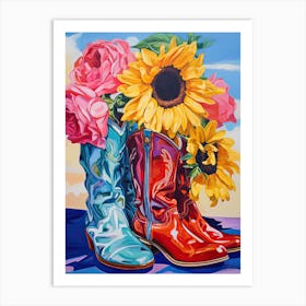 Oil Painting Of Sunflower Flowers And Cowboy Boots, Oil Style 4 Art Print