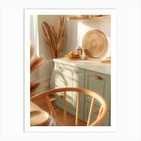 Green Kitchen With A Wooden Table Art Print