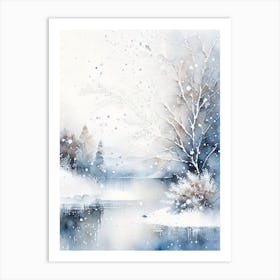 Snowflakes Falling By A Lake, Snowflakes, Storybook Watercolours 1 Art Print