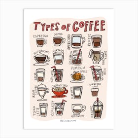 Types Of Coffee - Burgundy Art Print