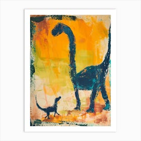 Dinosaur & Dog Orange & Blue Art Print