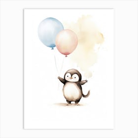 Baby Penguin Flying With Ballons, Watercolour Nursery Art 3 Art Print