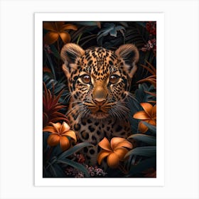 A Happy Front faced Leopard Cub In Tropical Flowers 9 Art Print