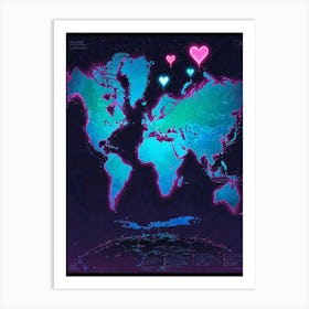 World Map With Hearts Art Print