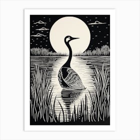 B&W Bird Linocut Grebe 1 Art Print