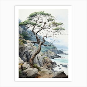 Tojinbo Cliffs In Fukui, Japanese Brush Painting, Ukiyo E, Minimal 3 Art Print