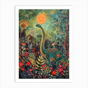 Dinosaur In Tropical Flowers Painting 3 Art Print