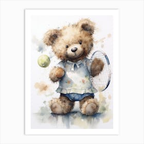 Tennis Teddy Bear Painting Watercolour 1 Art Print