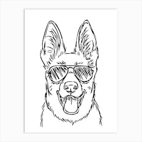 German Shepherd Dog In Sunglasses Monoline Simple Line Art Drawing Art Print