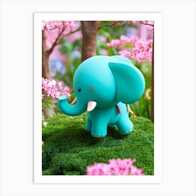 A Little Turquoise Elephant Floats Through A Forest Filled With Pink Flowers Its Round Body Whimsic Art Print