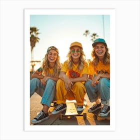 A Joyous Group Of Three Caucasian Female Skateboarders Hipster In Style Smiling Radiantly Sitting (3) Art Print